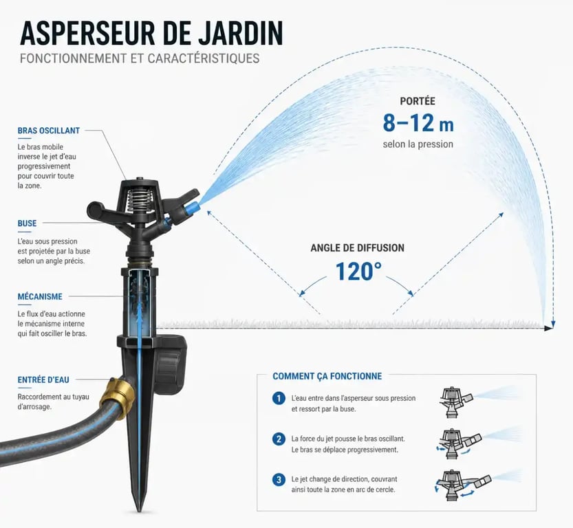 Schéma explicatif du fonctionnement de l'arrosage par aspersion dans un jardin
