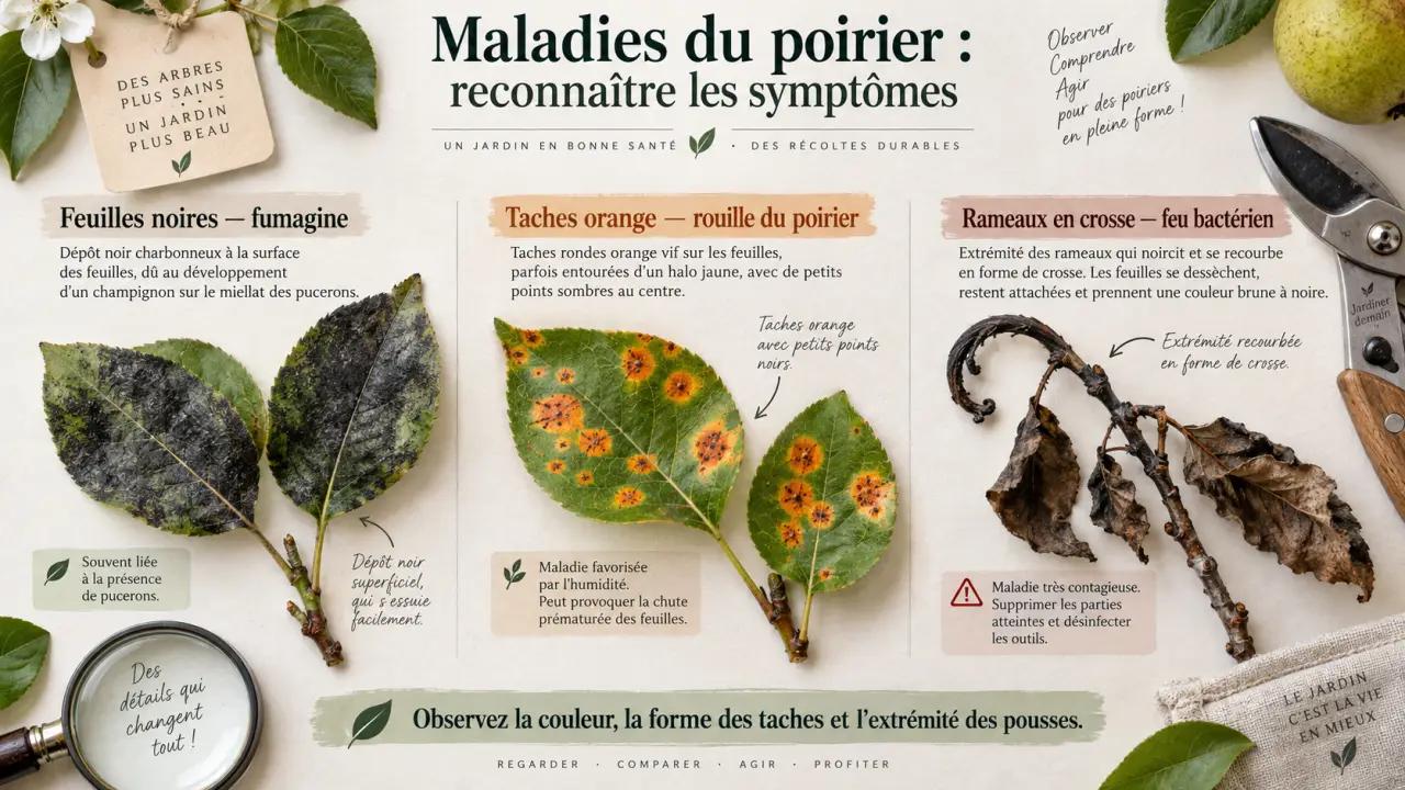 Maladies du poirier : distinguer les feuilles noires, les taches et les rameaux en crosse
