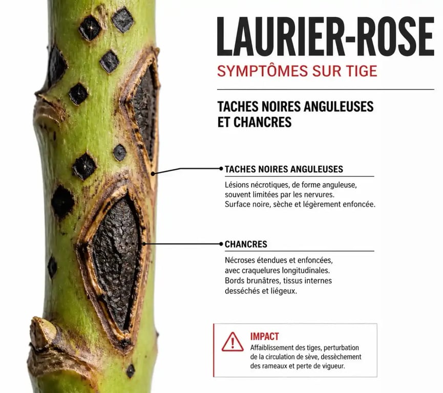 Maladie des lauriers roses photos : bactériose avec taches anguleuses sur tige.