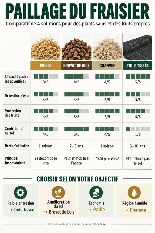 Infographie comparative des solutions de paillage fraisier : paille, broyat, chanvre et toile tissée