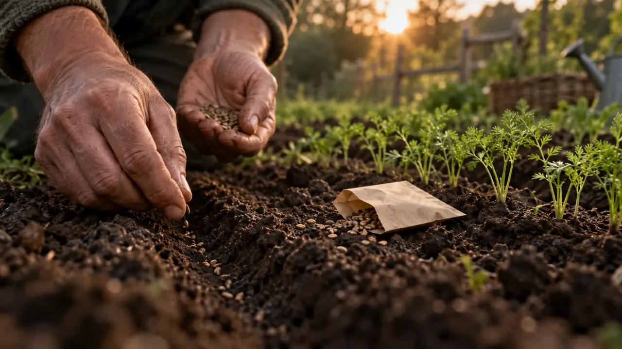 Jeunes plants de carotte ancienne dans une terre de jardin