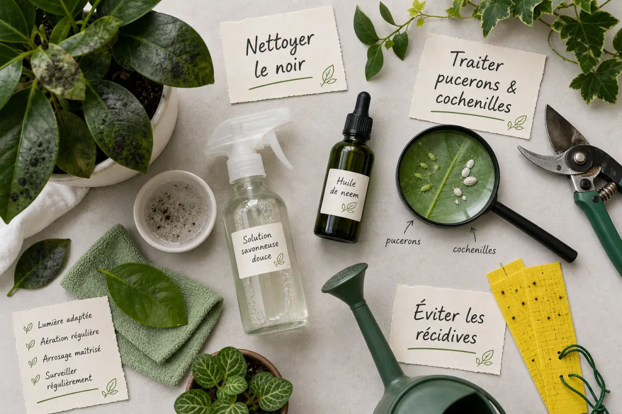Fumagine traitement : nettoyer le noir, traiter pucerons et cochenilles, éviter les récidives