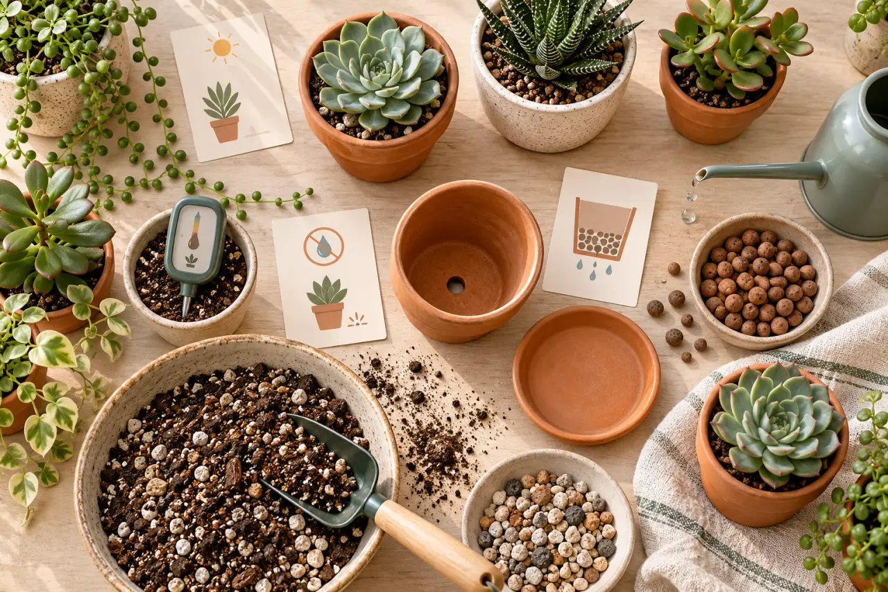 Plantes succulentes d’intérieur : lumière, arrosage et drainage pour éviter la pourriture