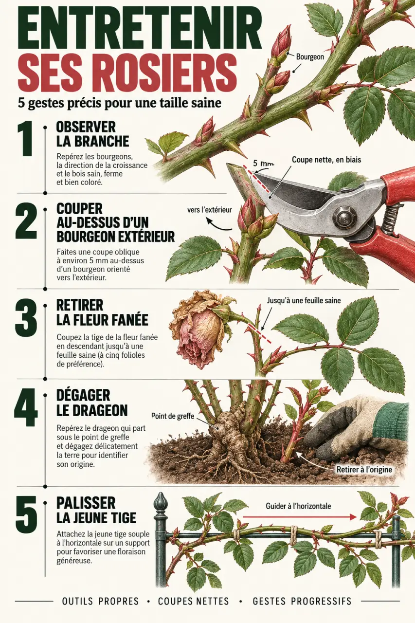 Illustration des gestes clés pour l’entretien des rosiers, de la taille au palissage